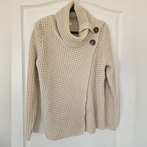 Mia & Tess Textured Cowl Neck Sweater Top Button Accent Beige Tan Womens Medium